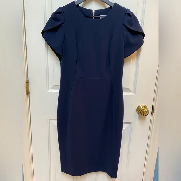 calvin klein navy blue sheath dress Calvin Klein Navy Blue Satin Sheath V-Neck And V Back Cocktail Dress Size 4  Petite main image 0